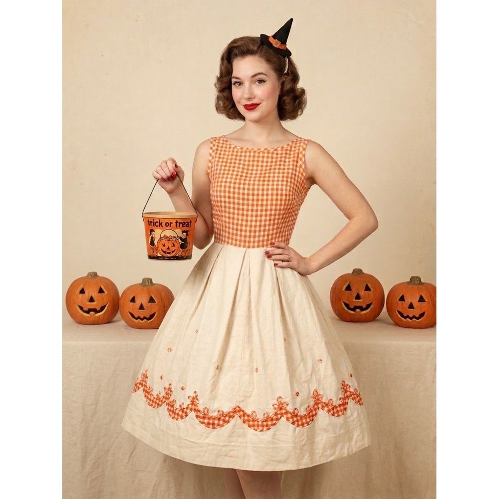 Vintage 1950s Orange Gingham Checkered Fit and Flare Dress Scalloped Applique
